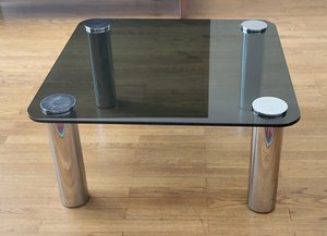 Table basse Marco Zanuso par Zanotta plateau verre fumé, pieds inox Italie 1970