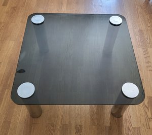 Table basse Marco Zanuso par Zanotta plateau verre fumé, pieds inox Italie 1970