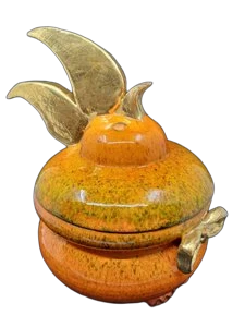 Soupière Zoomorphe Gérard Crociani en céramique orange, doré à l'or fin Francaise 