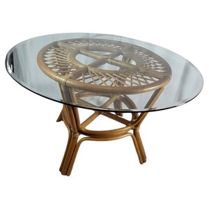 Table en Rotin et plateau en verre France Circa 1970