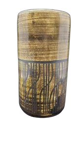 Vase cylindrique Dominique Pouchain en céramique glaçure brune et décor géométrique France Circa 1980