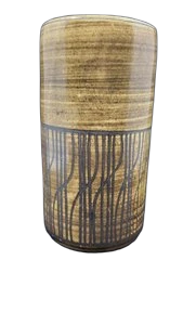 Vase cylindrique Dominique Pouchain en céramique glaçure brune et décor géométrique France Circa 1980