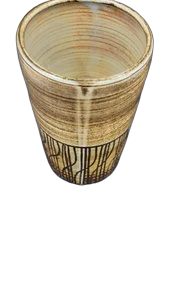 Vase cylindrique Dominique Pouchain en céramique glaçure brune et décor géométrique France Circa 1980