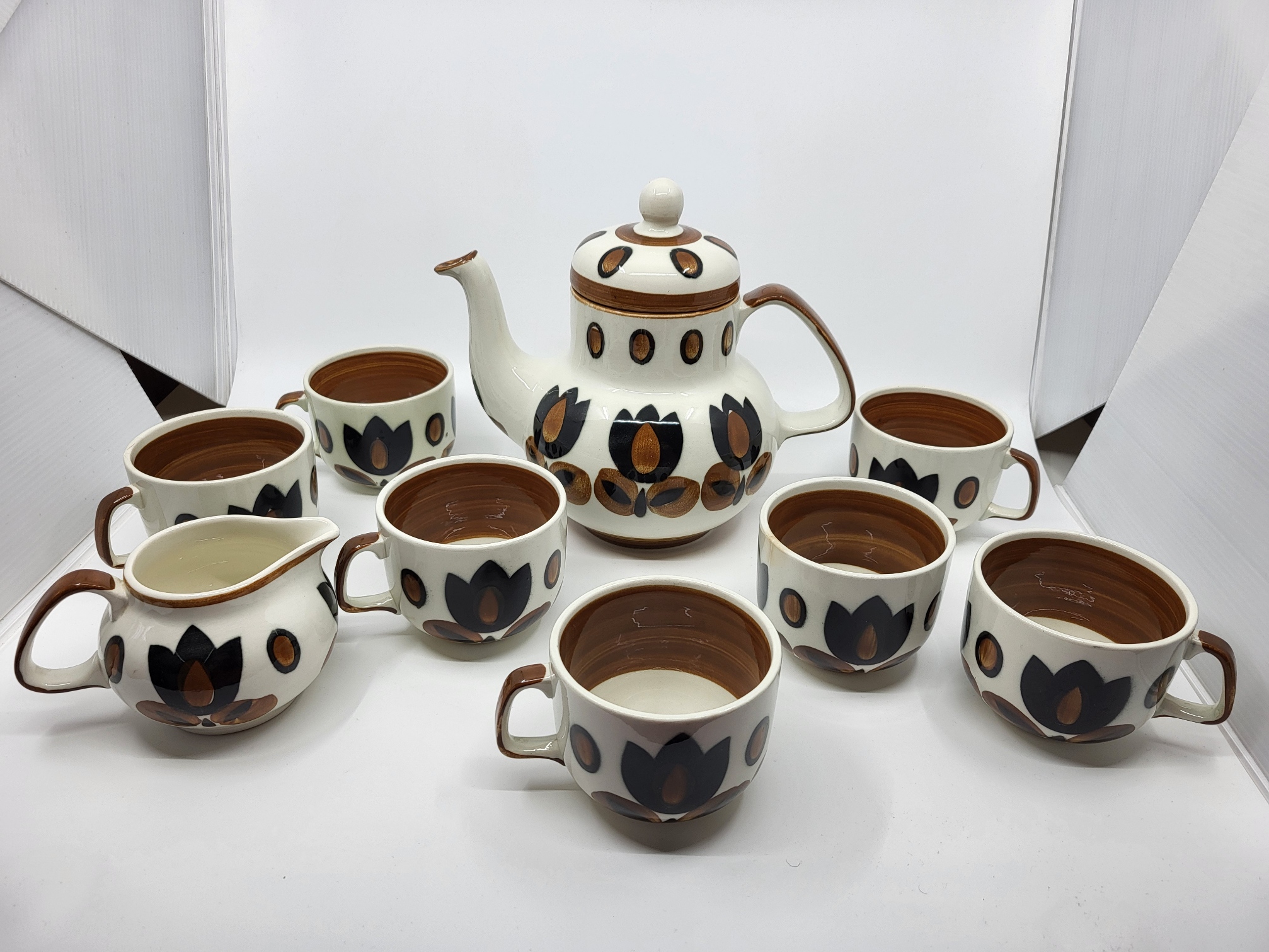 Service à thé Boch la Louvière série Kimono en faïence Belgique 1960/70 (Lot de 9)