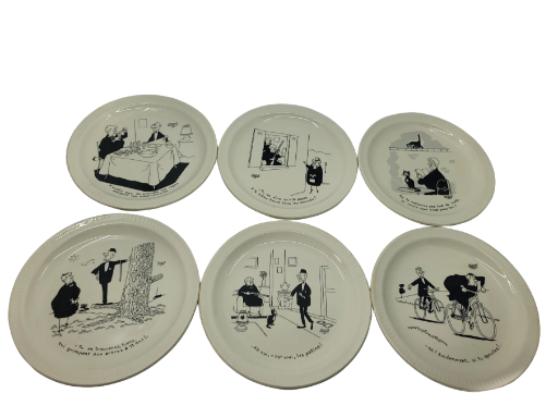 Assiettes parlantes Saint Amand illustration de Jacques Faizant faïence France 1970
