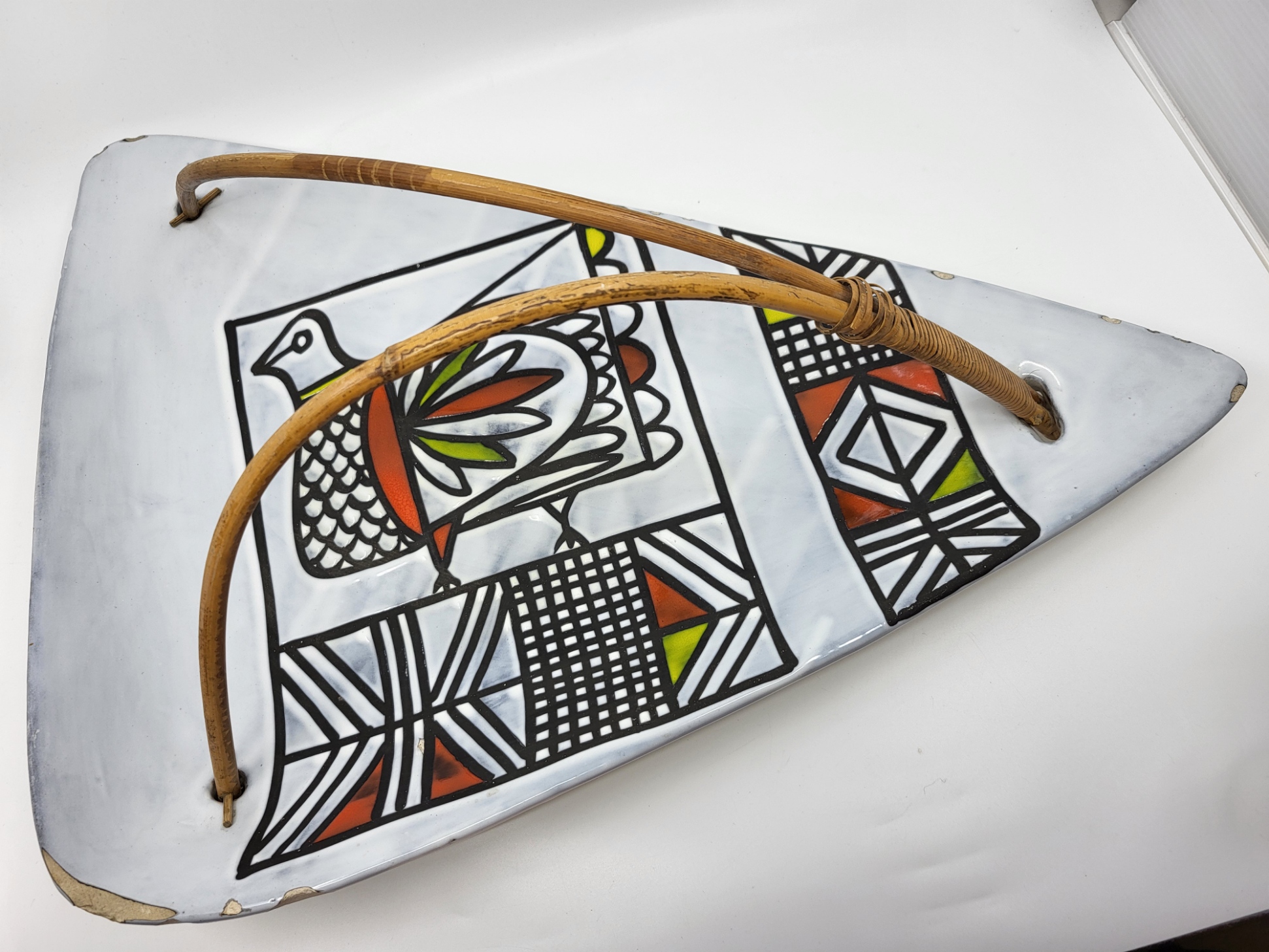 Coupe colossale Roger Capron en céramique anse osier double poignée France 1950