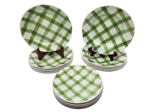 Assiettes Moulin des Loups Orchies modèle "Nappe verte" en faïence France 1960 (18 pièces)
