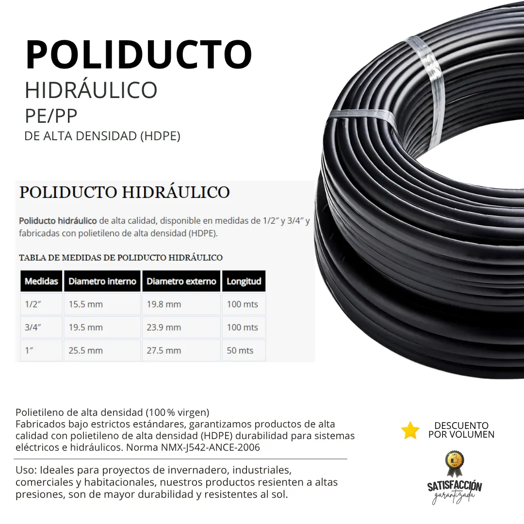 POLIDUCTO HIDRÁULICO 1/2", 3/4", 1" Soluciones de Tubería para Conducción de Fluidos a Presión