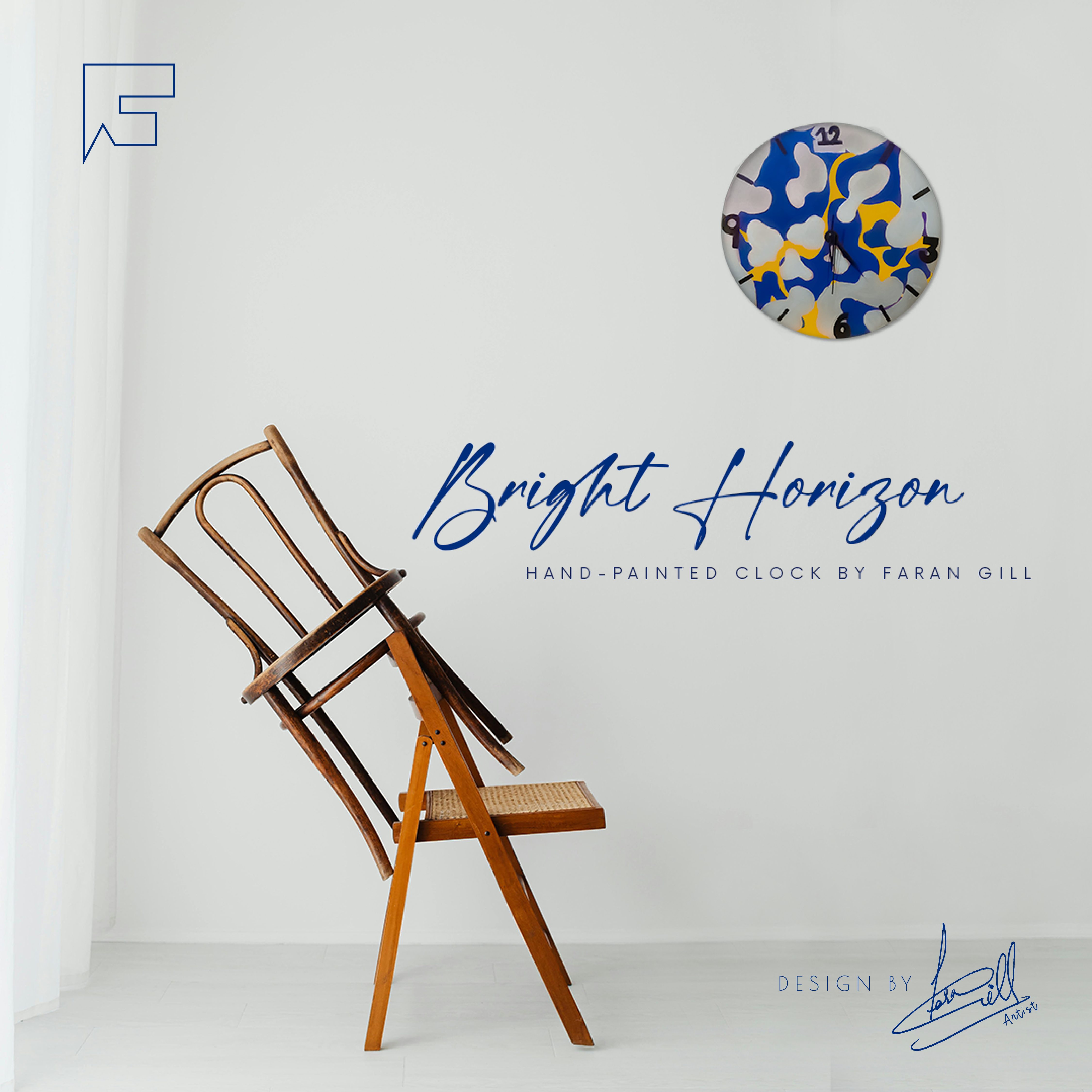 Bright Horizon - One-of-a-Kind Hand-Painted Clock in Royal Blue and Yellow