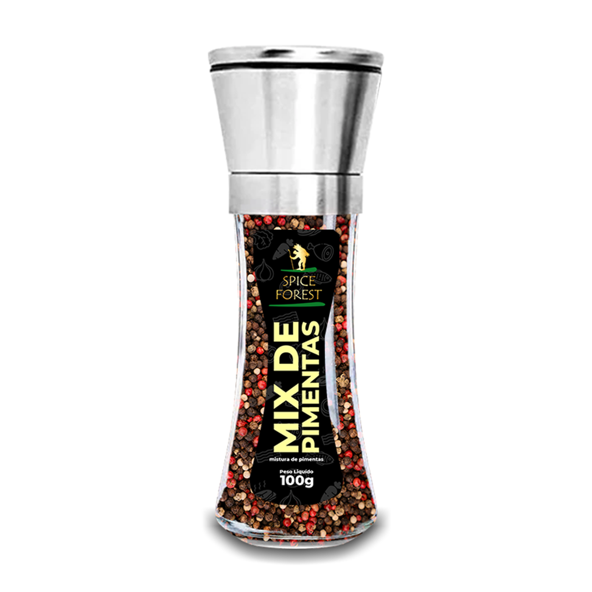 Moedor de Vidro e tampa em Inox com Tempero Mix de Pimentas 100g - Spice Forest