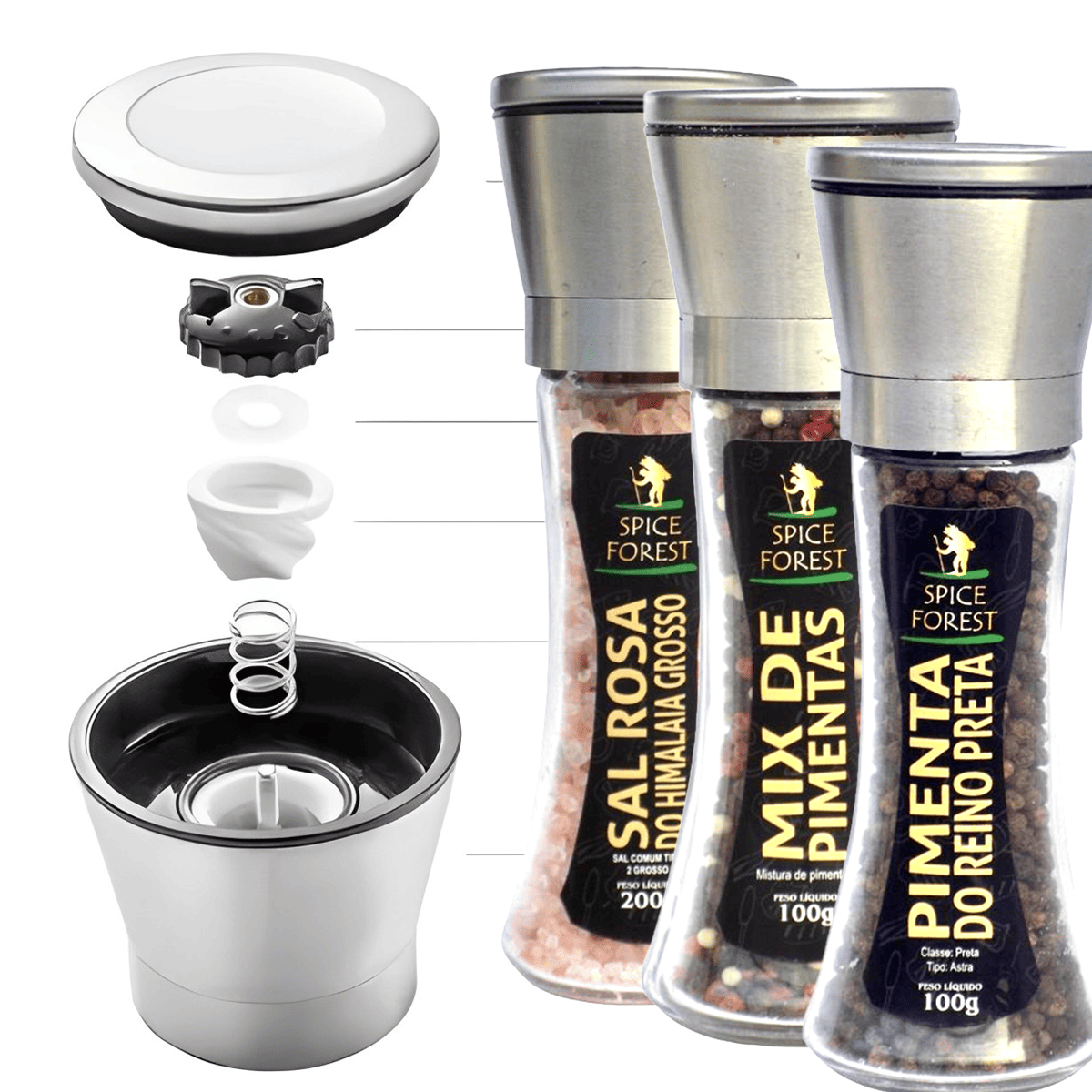 Moedor de Vidro e tampa em Inox com Tempero Mix de Pimentas 100g - Spice Forest