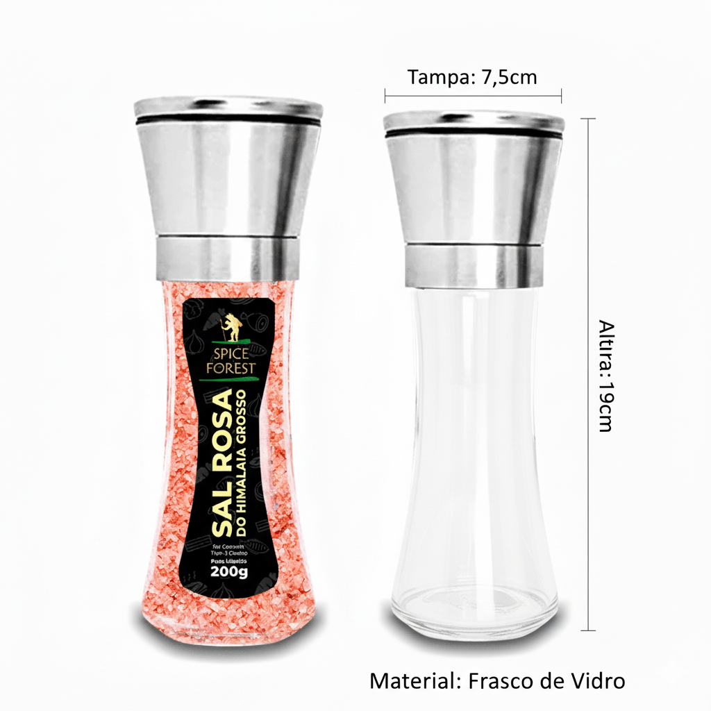 Moedor de Vidro com tampa em Inox com Tempero Sal Rosa do Himalaia Grosso 200g - Spice Forest