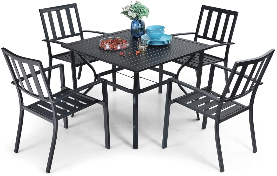 5 Piece Outdoor Dining Table Set for 4, 37” Square Metal Dining Table with Umbrella Hole & Stackable Steel Chairs for Patio, Deck, Yard