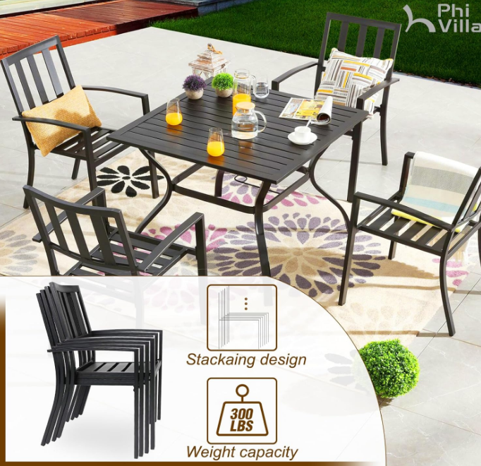 5 Piece Outdoor Dining Table Set for 4, 37” Square Metal Dining Table with Umbrella Hole & Stackable Steel Chairs for Patio, Deck, Yard