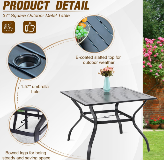5 Piece Outdoor Dining Table Set for 4, 37” Square Metal Dining Table with Umbrella Hole & Stackable Steel Chairs for Patio, Deck, Yard