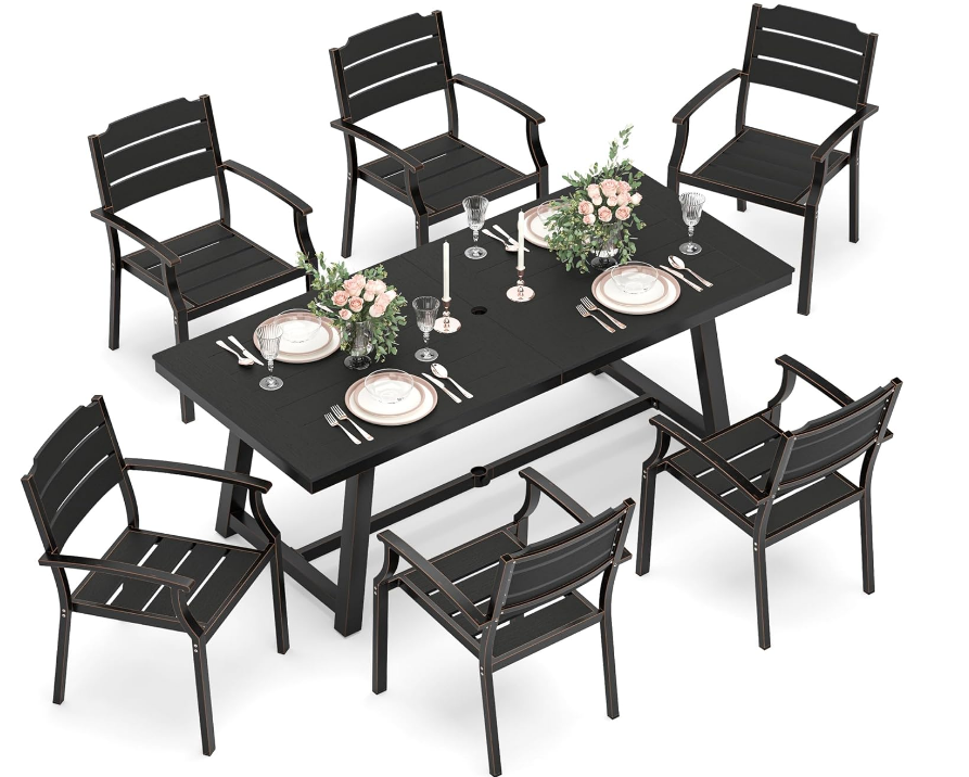 Patio Table and Chairs Set, Patio Furniture Set, 7-Piece, HDPS All-Weather Material Outdoor Dining Set, Outdoor Furniture Set with Umbrella Hole, Black