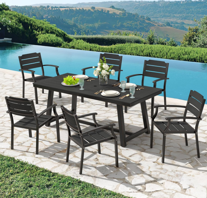 Patio Table and Chairs Set, Patio Furniture Set, 7-Piece, HDPS All-Weather Material Outdoor Dining Set, Outdoor Furniture Set with Umbrella Hole, Black