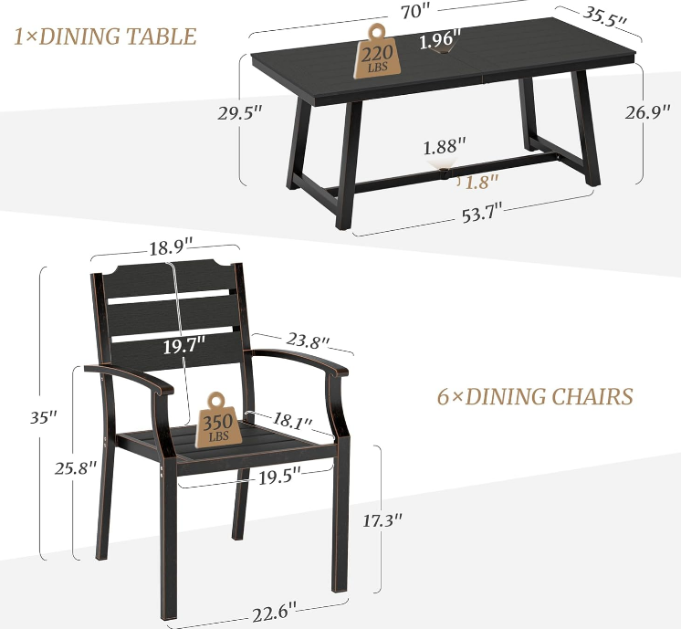 Patio Table and Chairs Set, Patio Furniture Set, 7-Piece, HDPS All-Weather Material Outdoor Dining Set, Outdoor Furniture Set with Umbrella Hole, Black