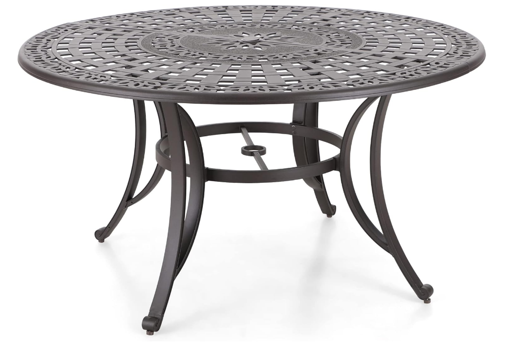 Outdoor Dining Table 6-Person Round Cast Aluminium, Patio Bistro Table with 2.2" Umbrella Hole for Porch Backyard, Bronze