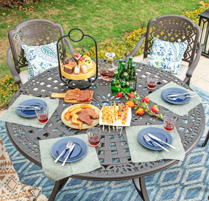 Outdoor Dining Table 6-Person Round Cast Aluminium, Patio Bistro Table with 2.2" Umbrella Hole for Porch Backyard, Bronze