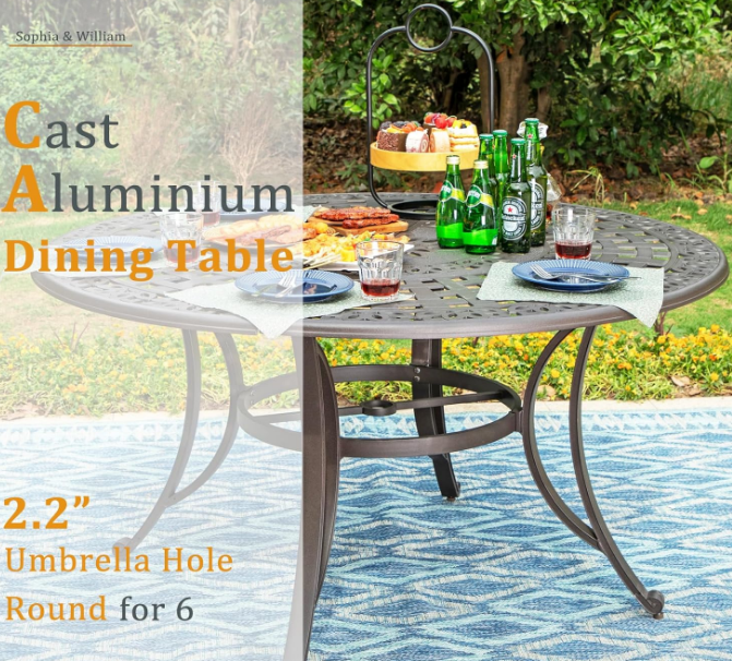 Outdoor Dining Table 6-Person Round Cast Aluminium, Patio Bistro Table with 2.2" Umbrella Hole for Porch Backyard, Bronze