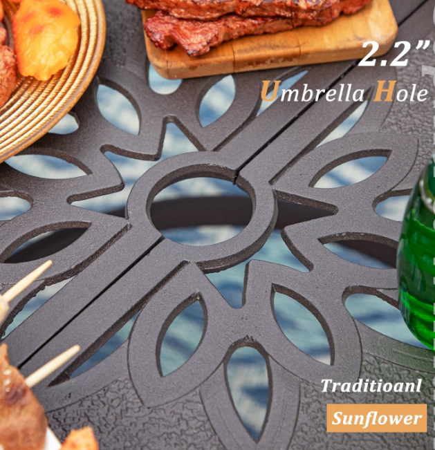 Outdoor Dining Table 6-Person Round Cast Aluminium, Patio Bistro Table with 2.2" Umbrella Hole for Porch Backyard, Bronze