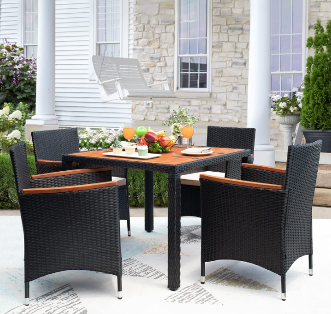 5 PCS Furniture, Patio Conversation Set with Acacia Wood Top, Rattan Outdoor Dining Table and Chairs for Backyard, Garden, Deck, Black