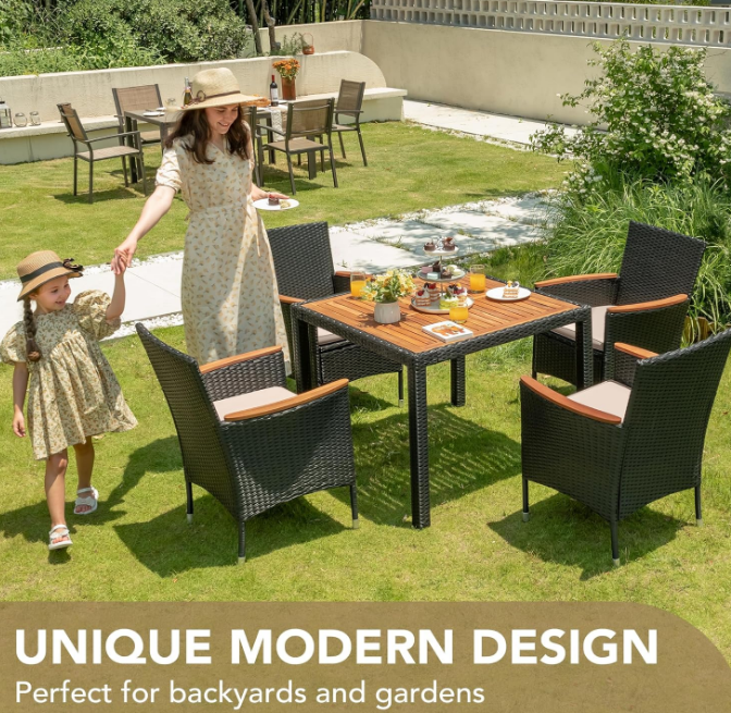 5 PCS Furniture, Patio Conversation Set with Acacia Wood Top, Rattan Outdoor Dining Table and Chairs for Backyard, Garden, Deck, Black