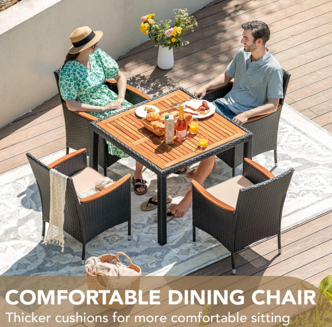 5 PCS Furniture, Patio Conversation Set with Acacia Wood Top, Rattan Outdoor Dining Table and Chairs for Backyard, Garden, Deck, Black