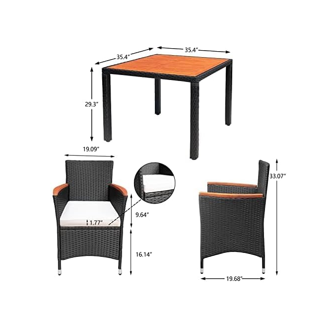 5 PCS Furniture, Patio Conversation Set with Acacia Wood Top, Rattan Outdoor Dining Table and Chairs for Backyard, Garden, Deck, Black