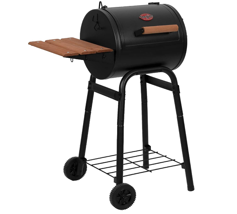 Patio Pro Charcoal Grill and Smoker with Cast Iron Grates, Premium Wood Shelf and Damper Control, 250 Cooking Square Inches in Black, Model E1515