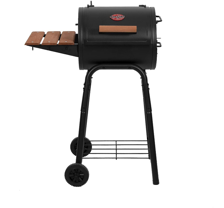 Patio Pro Charcoal Grill and Smoker with Cast Iron Grates, Premium Wood Shelf and Damper Control, 250 Cooking Square Inches in Black, Model E1515
