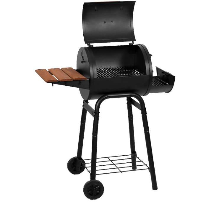 Patio Pro Charcoal Grill and Smoker with Cast Iron Grates, Premium Wood Shelf and Damper Control, 250 Cooking Square Inches in Black, Model E1515