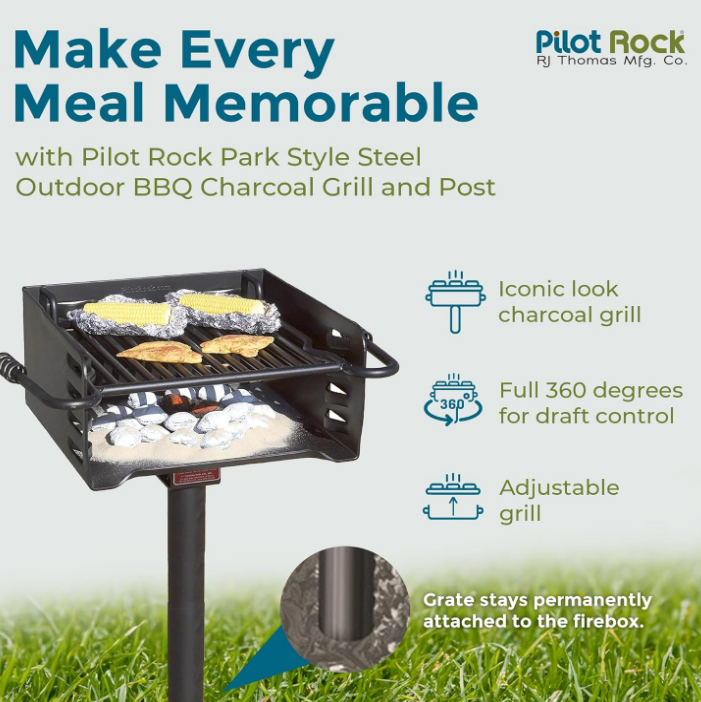 Park Style Heavy Duty Steel Outdoor BBQ Charcoal Grill with Cooking Grate and 360 Degree Swivel Post for Camping or Backyard, Black