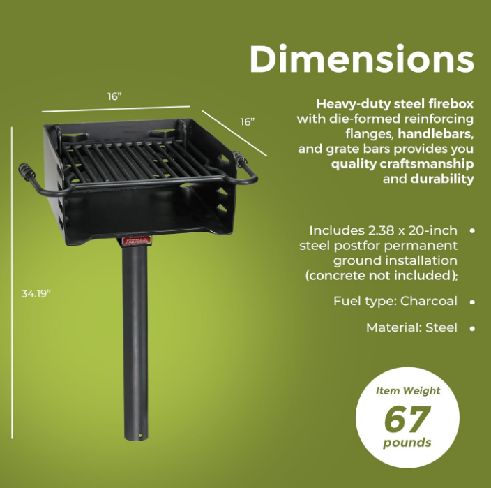 Park Style Heavy Duty Steel Outdoor BBQ Charcoal Grill with Cooking Grate and 360 Degree Swivel Post for Camping or Backyard, Black