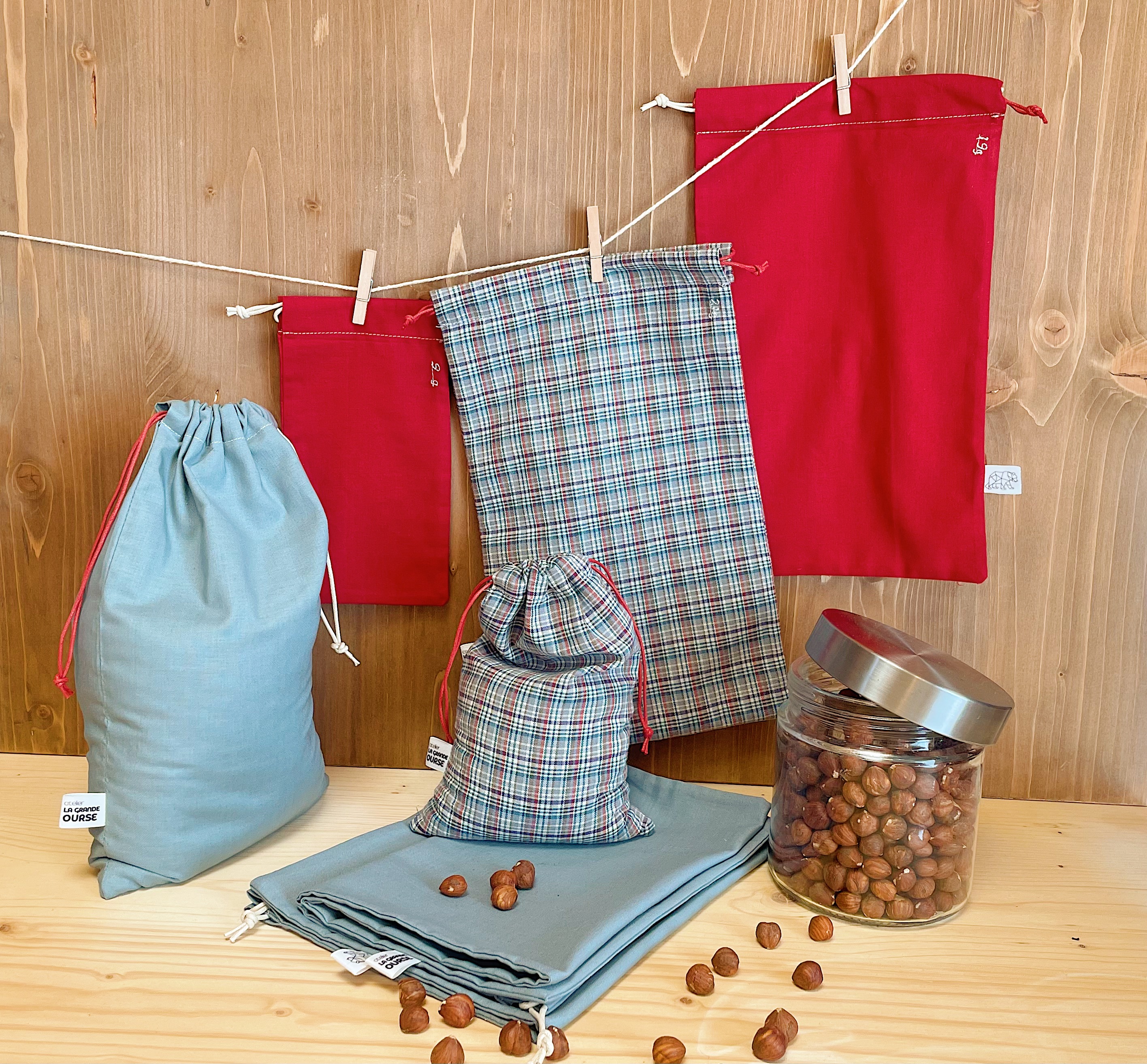 Lot de 3, 5 ou 7 sac à vracs de différentes tailles / sacs à légumes / sac de rangement