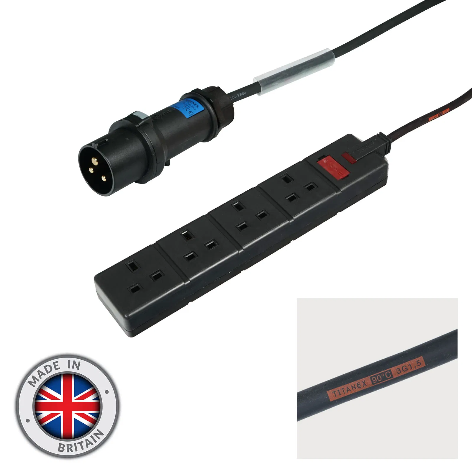 0.35m Mennekes Black 16A Plug to 4 Gang 13A Socket
