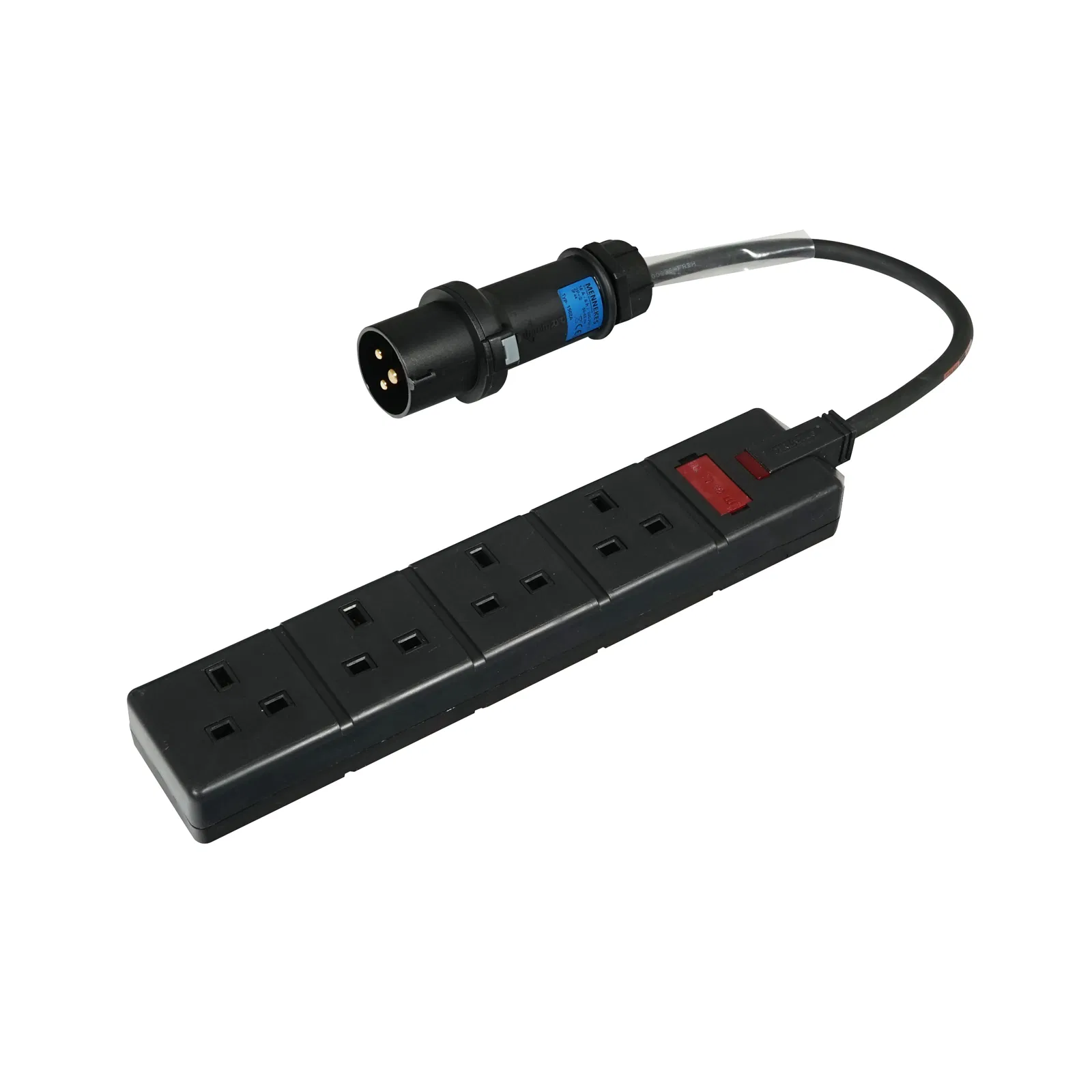 0.35m Mennekes Black 16A Plug to 4 Gang 13A Socket