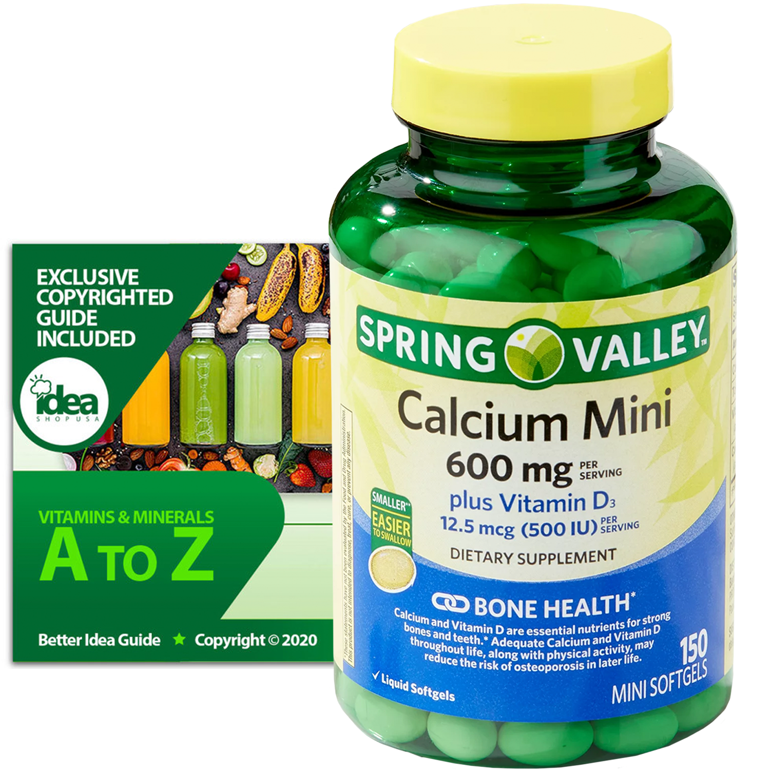 Spring Valley Calcium 600mg Plus Vitamin D3 Dietary Supplement, 150 Mini Softgels (1 Pack) Small Calcium Carbonate Softgels Bundle with Exclusive Vitamins & Minerals - A to Z - Better Idea Guide
