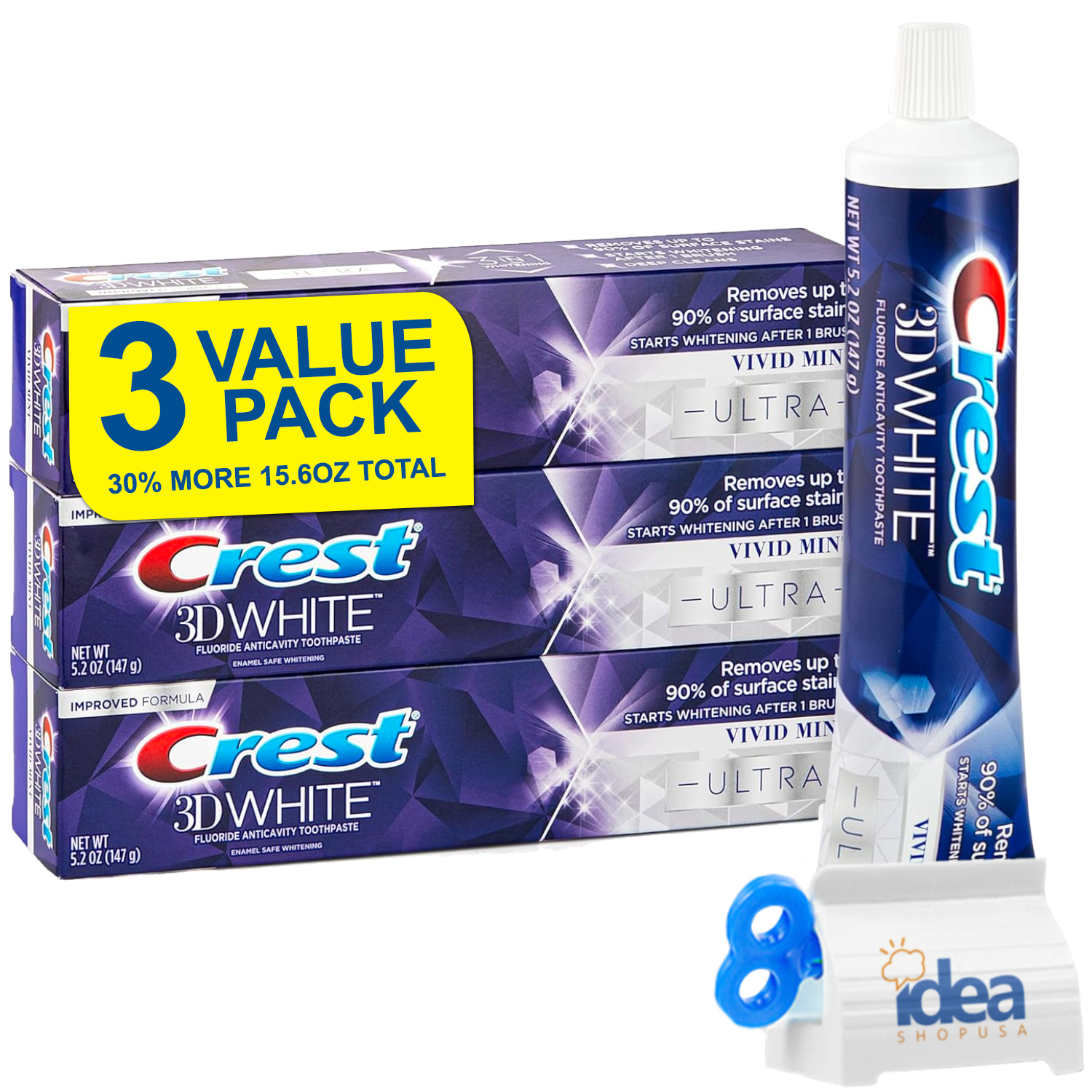 Crest-3D-White Ultra Whitening Toothpaste Vivid Mint, 3 Large Tubes of 5.2 oz (Total 15.6 oz) Anticavity Fluoride Toothpaste, Enamel Repair, Stain Protection + Bonus Idea Shop USA Toothpaste Squeezer
