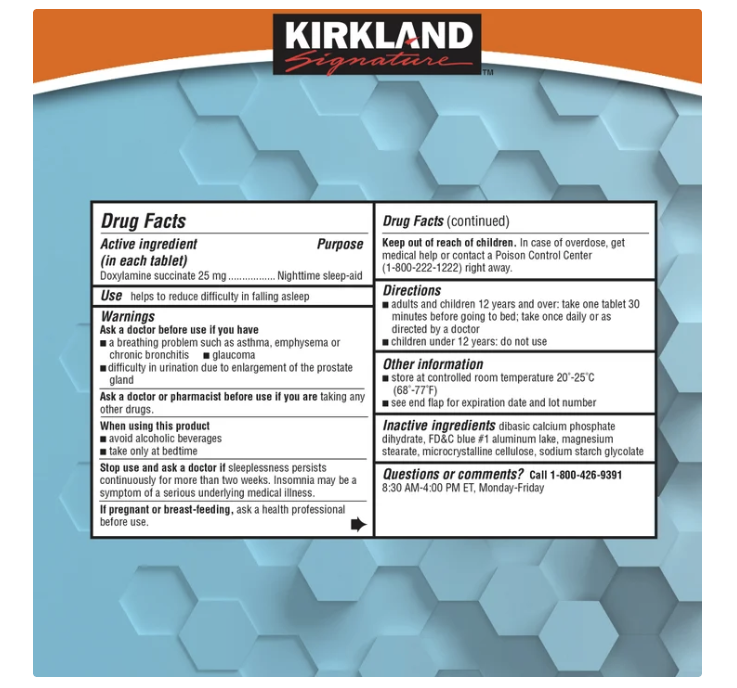 Kirkland Signature Sleep Aid - Doxylamine Succinate 25 mg (192 Tablets Total)