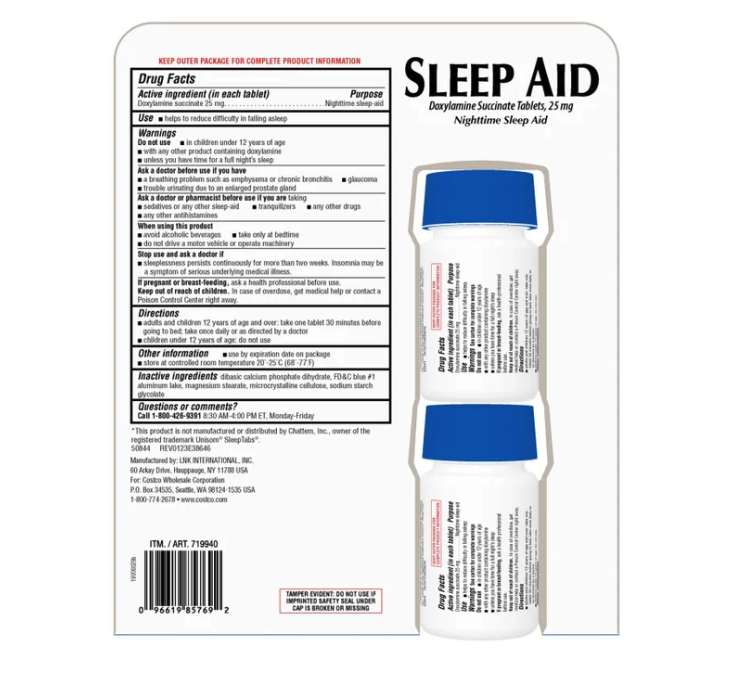 Kirkland Signature Sleep Aid - Doxylamine Succinate 25 mg (192 Tablets Total)