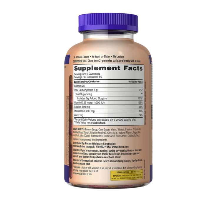 Kirkland Signature Adult Gummies Calcium with D3 and Zinc - 2 Bottles (240 Gummies Total)