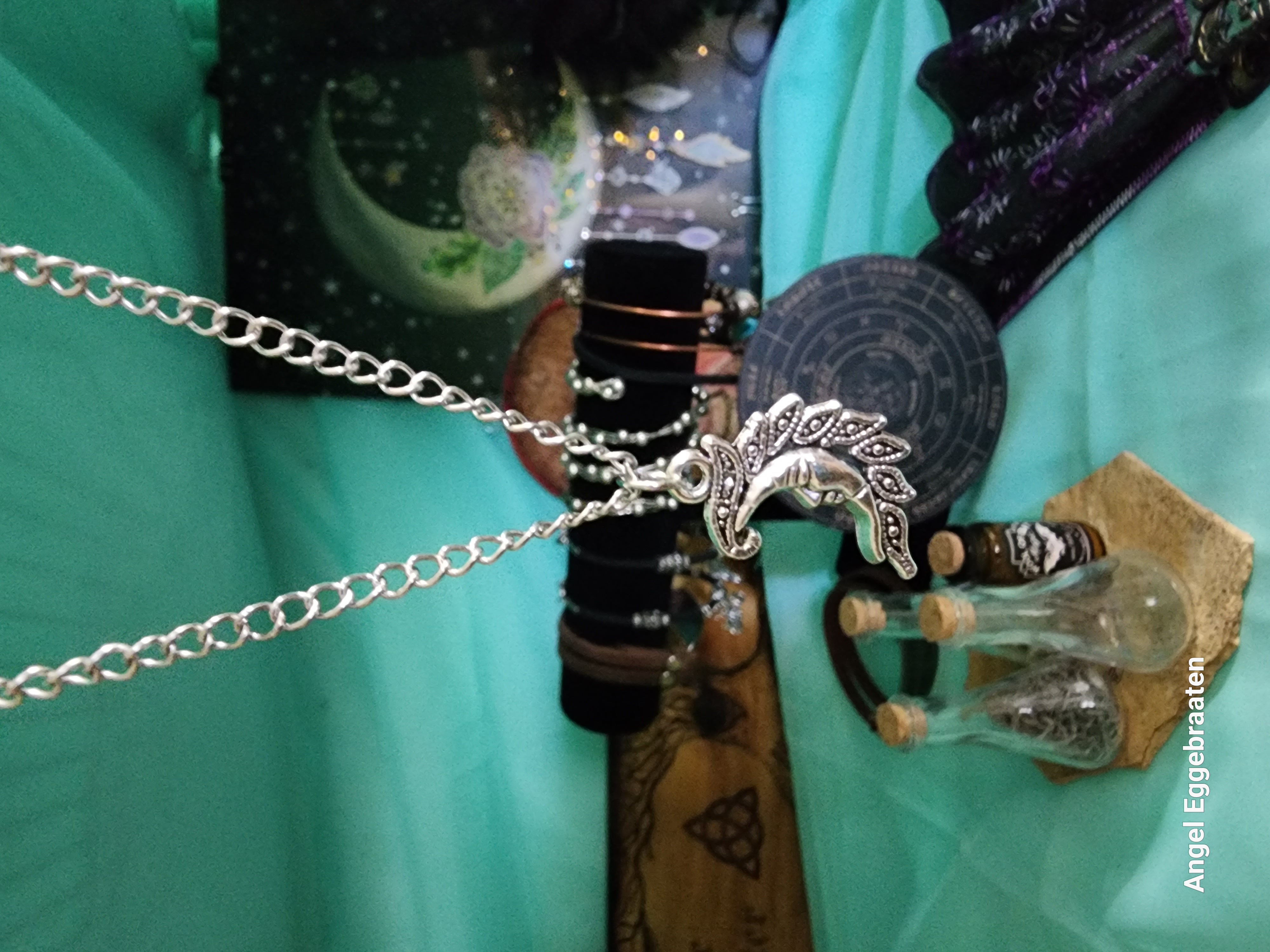 Laurel Leaf Crescent Moon Pendant on Stainless Steel Chain