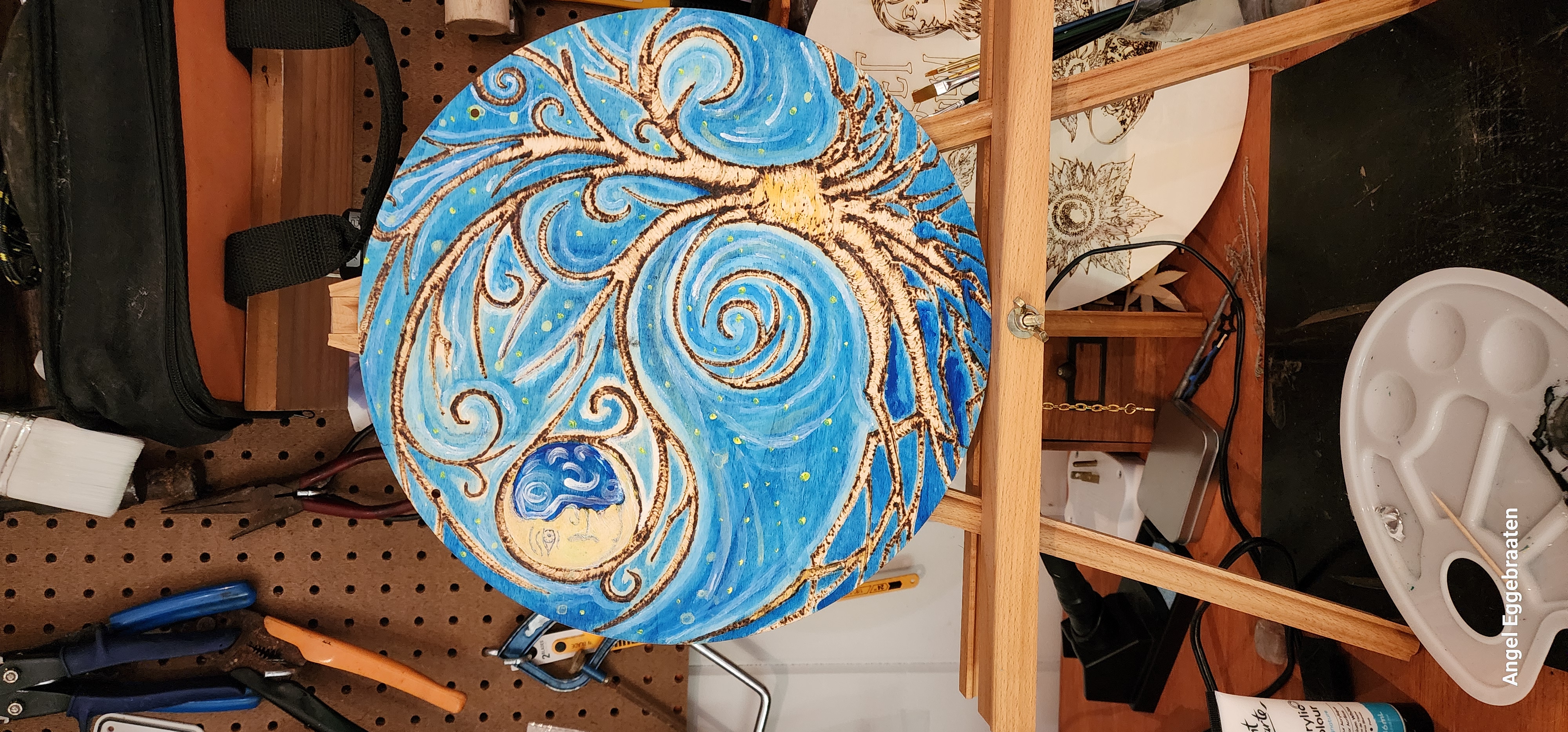 Starry Night 12" Round Pyrography Painting