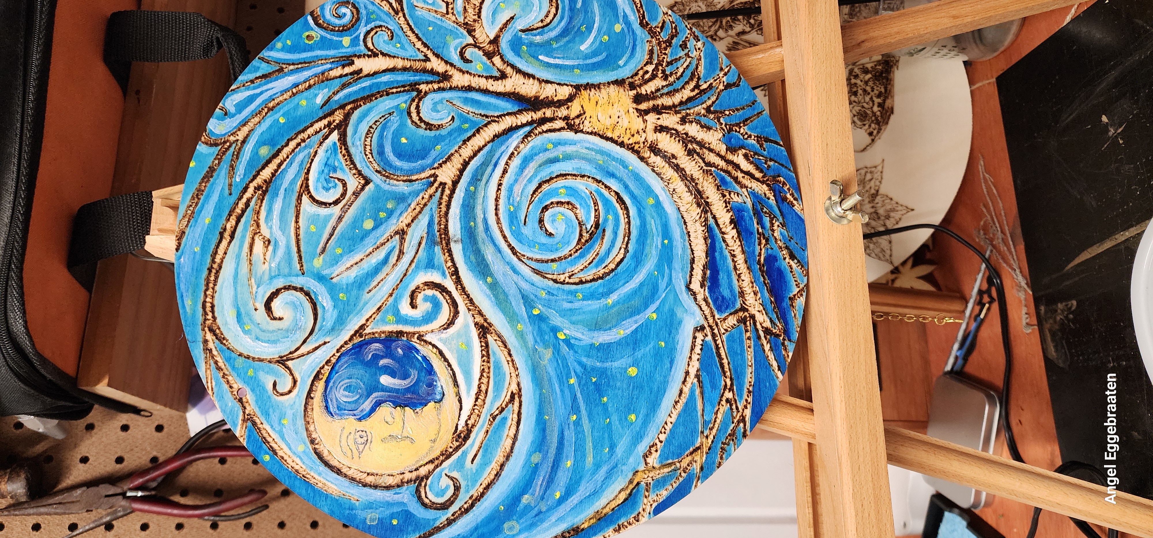 Starry Night 12" Round Pyrography Painting