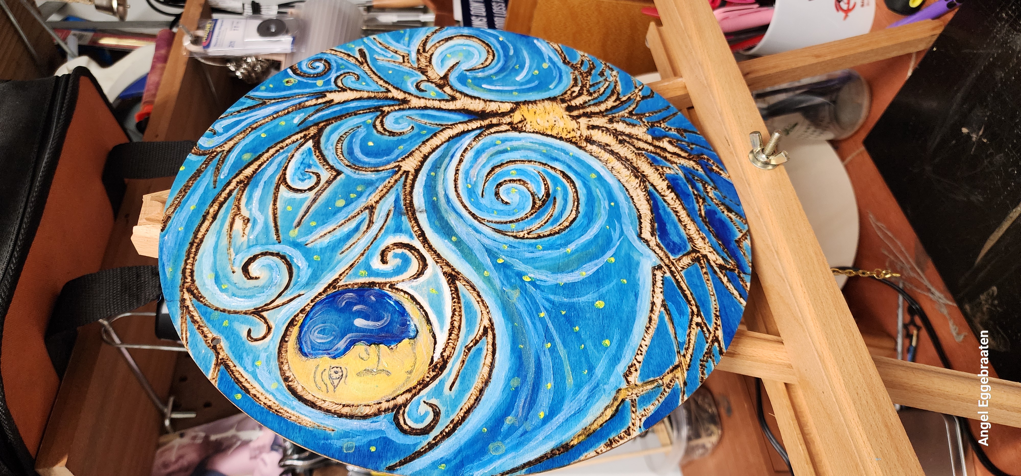 Starry Night 12" Round Pyrography Painting