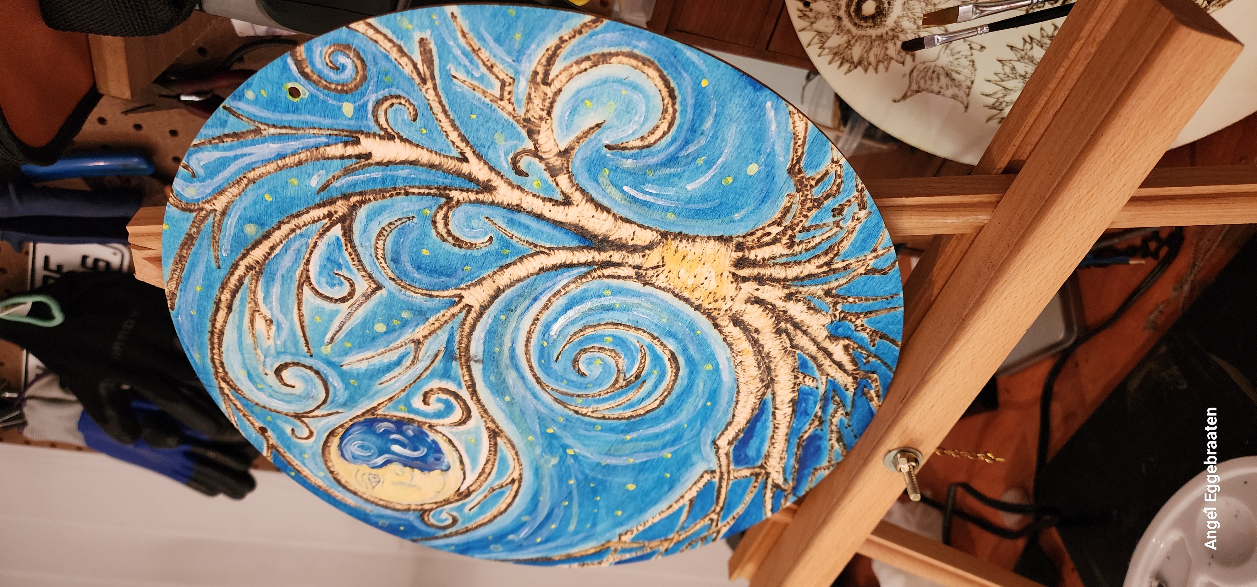 Starry Night 12" Round Pyrography Painting
