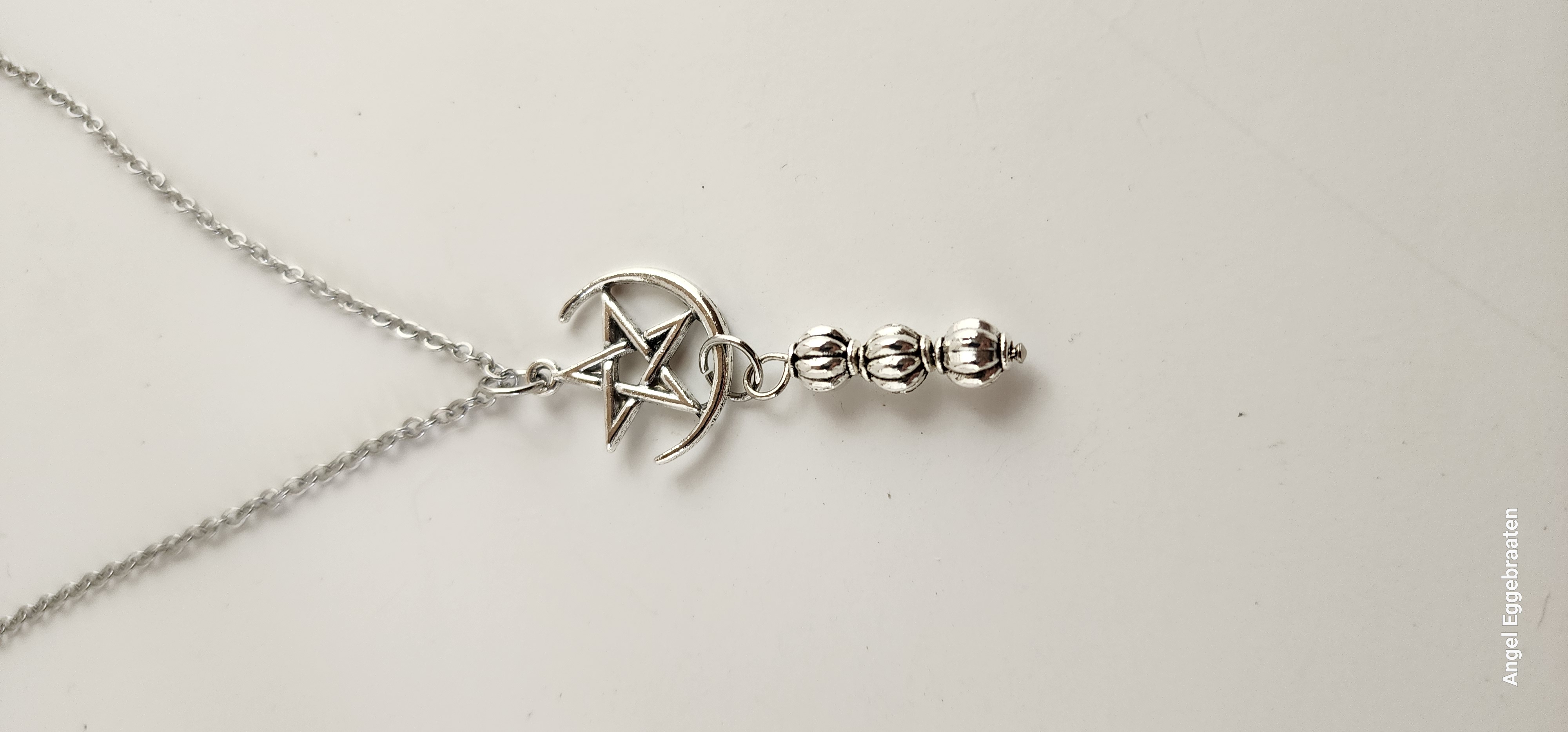 Stainless Steel Pentagram and Crescent Moon Beaded Pendant 