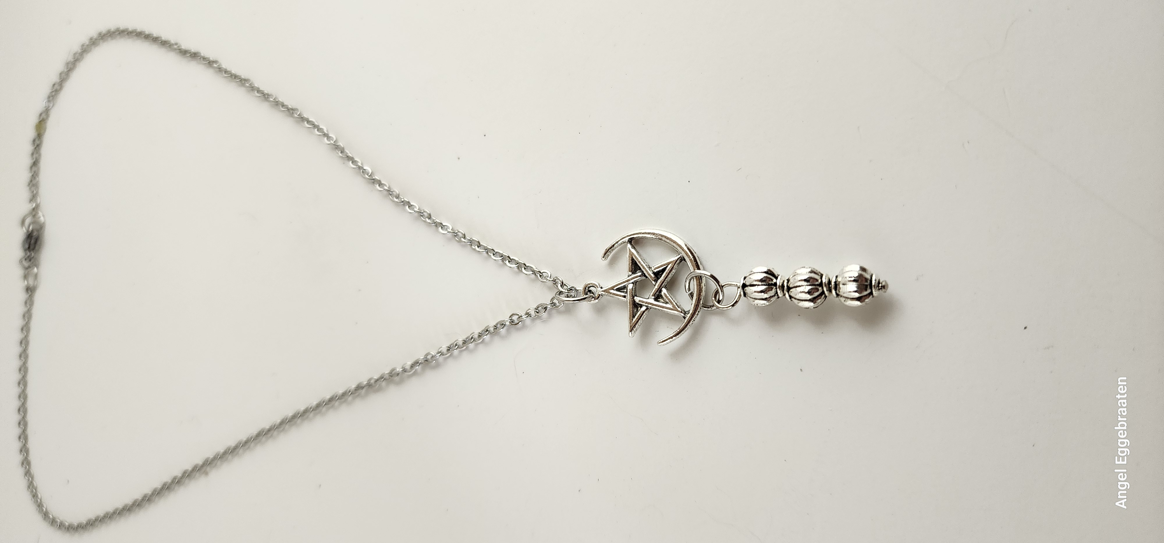 Stainless Steel Pentagram and Crescent Moon Beaded Pendant 